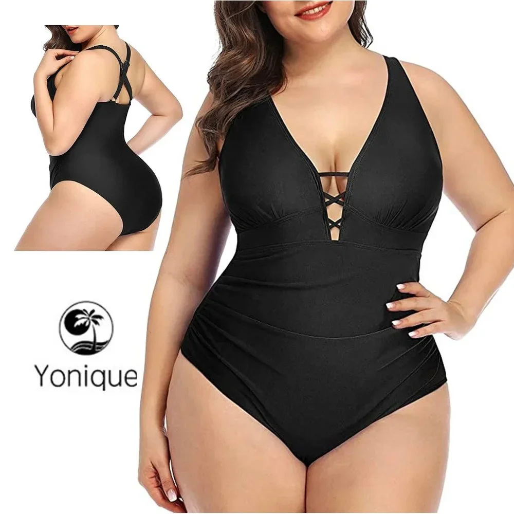 YONIQUE Lace up Plunge Front One Piece swimsuit 🏖️ NEW WITH TAG!!!